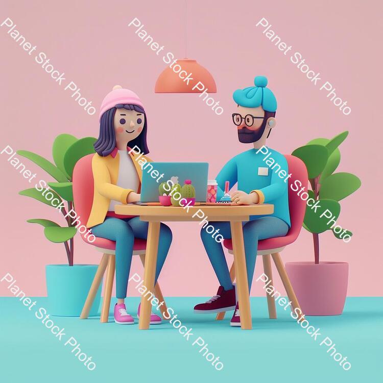 A Couple of People Sitting at a Table with a Laptop, Animation Illustrative Style, Corporate Animation Style, James Gilleard and James Jean, Smooth 3 D Illustration, Smooth 3d Illustration, Behance 3d, Trending on Character Design, Trending on stock photo with image ID: 3704117c-b187-4752-a2d9-253408450383