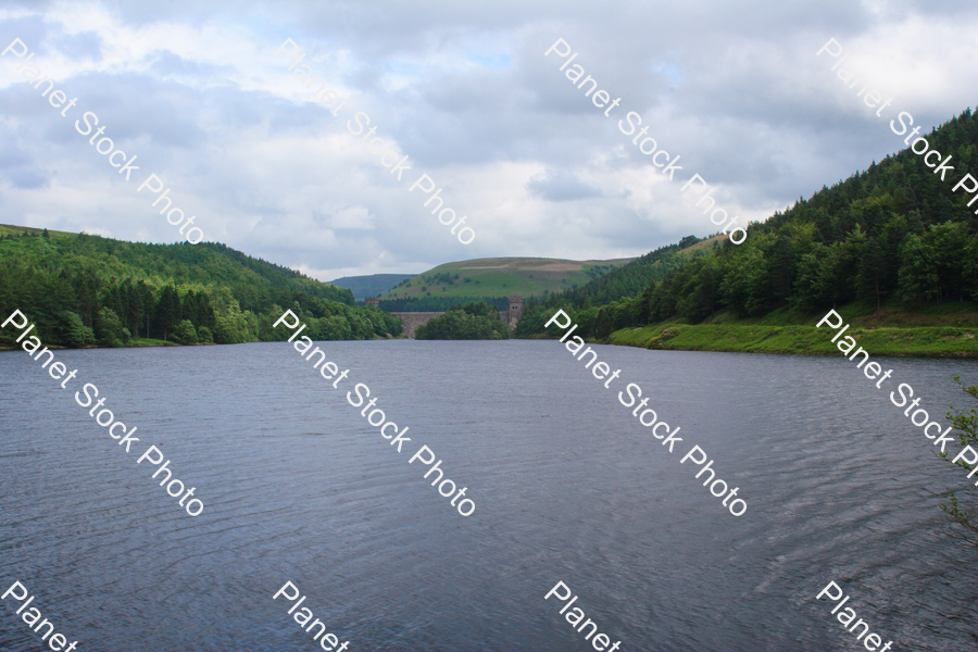 The Derwent dam under a blue sky stock photo with image ID: 50909d04-cd0c-4f56-8681-9e69745619c6