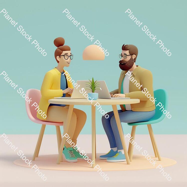 A Couple of People Sitting at a Table with a Laptop, Animation Illustrative Style, Corporate Animation Style, James Gilleard and James Jean, Smooth 3 D Illustration, Smooth 3d Illustration, Behance 3d, Trending on Character Design, Trending on stock photo with image ID: 826d7d92-e60b-4ff4-93e5-23d7a63a0f5d