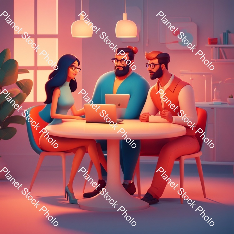 A Couple of People Sitting at a Table with a Laptop, Animation Illustrative Style, Corporate Animation Style, James Gilleard and James Jean, Smooth 3 D Illustration, Smooth 3d Illustration, Behance 3d, Trending on Character Design, Trending on stock photo with image ID: 91c1ec31-883f-4680-854c-cb15609de06b