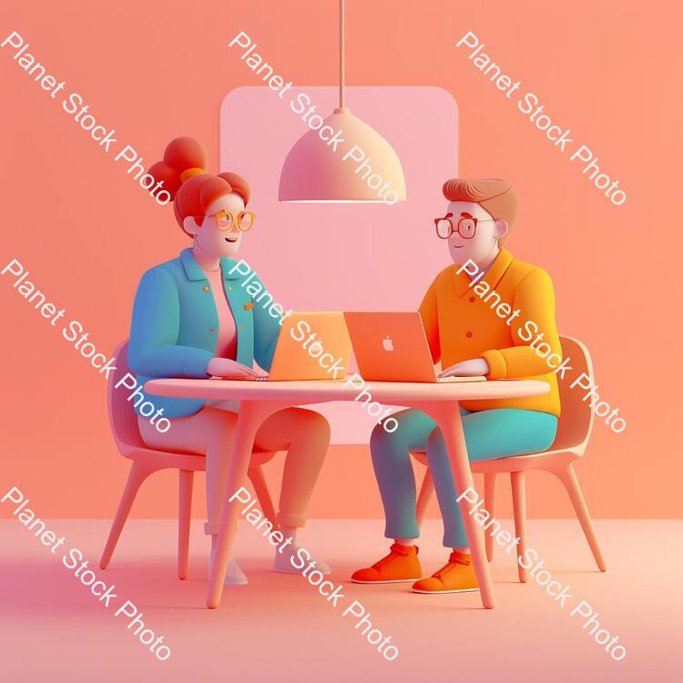 A Couple of People Sitting at a Table with a Laptop, Animation Illustrative Style, Corporate Animation Style, James Gilleard and James Jean, Smooth 3 D Illustration, Smooth 3d Illustration, Behance 3d, Trending on Character Design, Trending on stock photo with image ID: a9528bed-5d95-45db-8386-19f238015b54