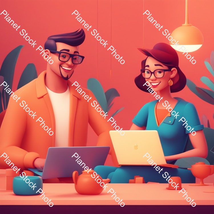 A Couple of People Sitting at a Table with a Laptop, Animation Illustrative Style, Corporate Animation Style, James Gilleard and James Jean, Smooth 3 D Illustration, Smooth 3d Illustration, Behance 3d, Trending on Character Design, Trending on stock photo with image ID: c7a28c31-87df-4c03-ab9d-34f1e1d7acb5