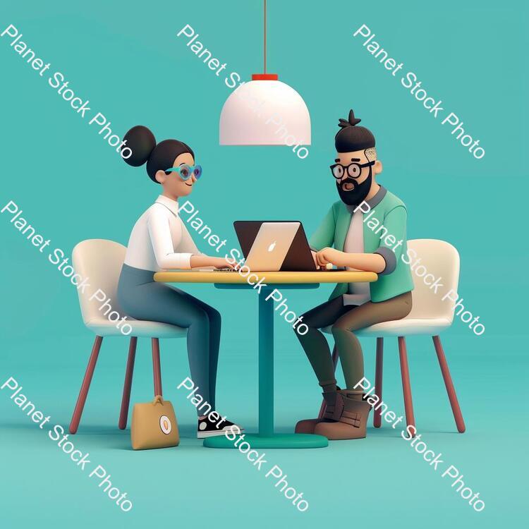 A Couple of People Sitting at a Table with a Laptop, Animation Illustrative Style, Corporate Animation Style, James Gilleard and James Jean, Smooth 3 D Illustration, Smooth 3d Illustration, Behance 3d, Trending on Character Design, Trending on stock photo with image ID: cadd680b-6718-48d7-8ab5-3db0e629c99b