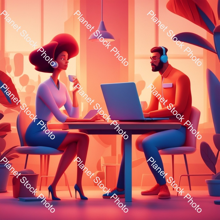 A Couple of People Sitting at a Table with a Laptop, Animation Illustrative Style, Corporate Animation Style, James Gilleard and James Jean, Smooth 3 D Illustration, Smooth 3d Illustration, Behance 3d, Trending on Character Design, Trending on stock photo with image ID: d744b7ad-c856-4e51-b83c-f24bdc72f0cf