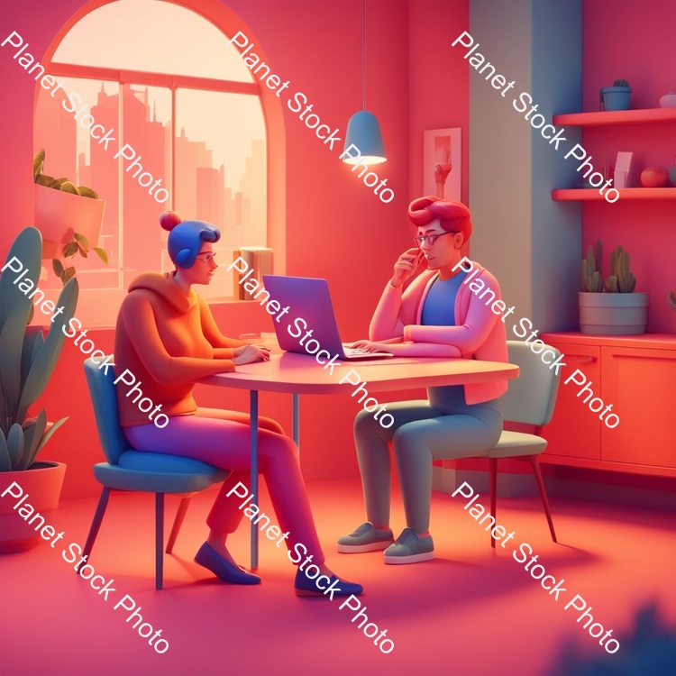 A Couple of People Sitting at a Table with a Laptop, Animation Illustrative Style, Corporate Animation Style, James Gilleard and James Jean, Smooth 3 D Illustration, Smooth 3d Illustration, Behance 3d, Trending on Character Design, Trending on stock photo with image ID: eaab1aa8-a961-4bbc-bb08-fb4eb642443c