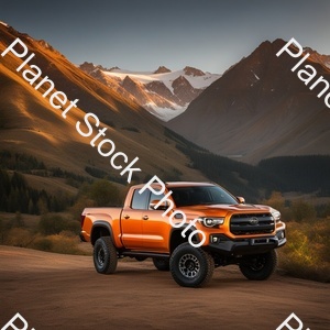 Orange with Grey Fenderstoyota Pick Up Truck with Long Travel Suspension and Baha Lights stock photo with image ID: 04ae59d4-d44c-43b8-ad43-5e3b3049e54d