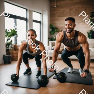 A Young Couple Working Out at Home stock photo with image ID: 1250c65c-a853-44df-b7e3-d0715907fc84