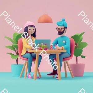 A Couple of People Sitting at a Table with a Laptop, Animation Illustrative Style, Corporate Animation Style, James Gilleard and James Jean, Smooth 3 D Illustration, Smooth 3d Illustration, Behance 3d, Trending on Character Design, Trending on stock photo with image ID: 3704117c-b187-4752-a2d9-253408450383