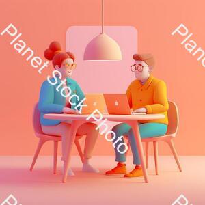 A Couple of People Sitting at a Table with a Laptop, Animation Illustrative Style, Corporate Animation Style, James Gilleard and James Jean, Smooth 3 D Illustration, Smooth 3d Illustration, Behance 3d, Trending on Character Design, Trending on stock photo with image ID: a9528bed-5d95-45db-8386-19f238015b54