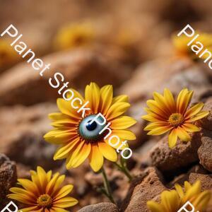 Flowers with Eyes in the Middle Look Out Over a Deserted Rocky Landscape stock photo with image ID: aca91dfe-a091-4407-ae5c-dee6015c4d4a