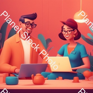 A Couple of People Sitting at a Table with a Laptop, Animation Illustrative Style, Corporate Animation Style, James Gilleard and James Jean, Smooth 3 D Illustration, Smooth 3d Illustration, Behance 3d, Trending on Character Design, Trending on stock photo with image ID: c7a28c31-87df-4c03-ab9d-34f1e1d7acb5