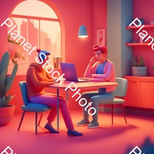 A Couple of People Sitting at a Table with a Laptop, Animation Illustrative Style, Corporate Animation Style, James Gilleard and James Jean, Smooth 3 D Illustration, Smooth 3d Illustration, Behance 3d, Trending on Character Design, Trending on stock photo with image ID: eaab1aa8-a961-4bbc-bb08-fb4eb642443c