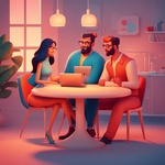 A Couple of People Sitting at a Table with a Laptop, Animation Illustrative Style, Corporate Animation Style, James Gilleard and James Jean, Smooth 3 D Illustration, Smooth 3d Illustration, Behance 3d, Trending on Character Design, Trending on...