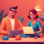 A Couple of People Sitting at a Table with a Laptop, Animation Illustrative Style, Corporate Animation Style, James Gilleard and James Jean, Smooth 3 D Illustration, Smooth 3d Illustration, Behance 3d, Trending on Character Design, Trending on...