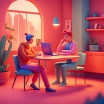 A Couple of People Sitting at a Table with a Laptop, Animation Illustrative Style, Corporate Animation Style, James Gilleard and James Jean, Smooth 3 D Illustration, Smooth 3d Illustration, Behance 3d, Trending on Character Design, Trending on...