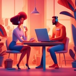 A Couple of People Sitting at a Table with a Laptop, Animation Illustrative Style, Corporate Animation Style, James Gilleard and James Jean, Smooth 3 D Illustration, Smooth 3d Illustration, Behance 3d, Trending on Character Design, Trending on...