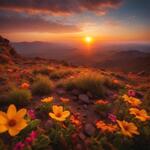The Eyes of Flowers in the Center Look Out Over a Desolate Rocky Landscape in the Light of the Setting Sun